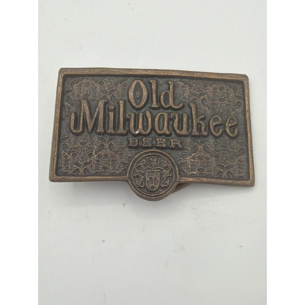 Vintage Old Milwaukee Beer Brass Belt Buckle Raised Crest Logo Rare